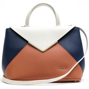FURLA Kelis Tote Multi Color Handbag Purse Blue Brown Cream Handbag